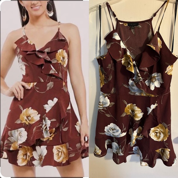 mine Dresses & Skirts - Mine Romantic Burgundy Floral Ruffle Mini Dress Sleeveless‎ Size Large Woman's